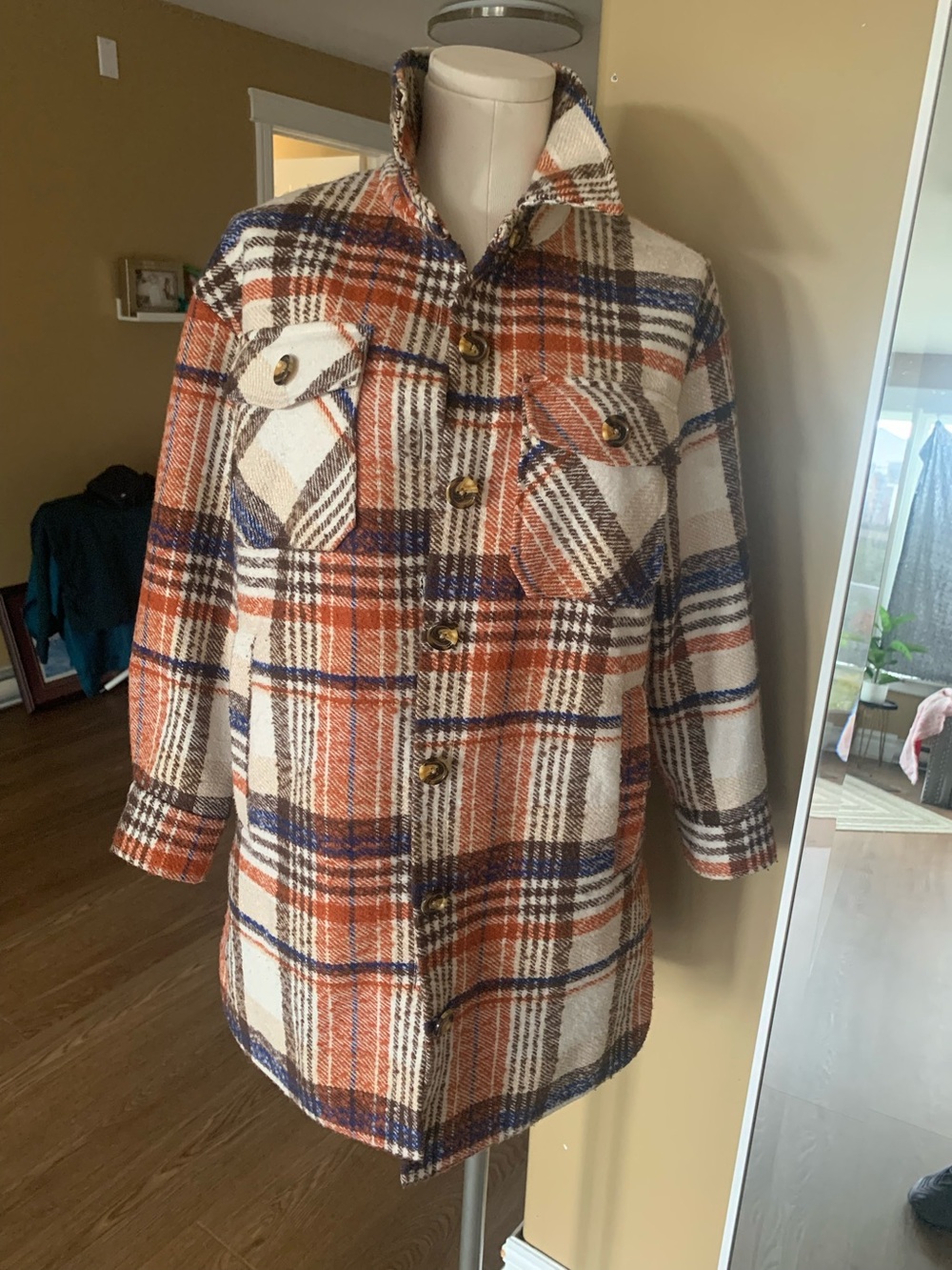 cleo Plaid Utility Shacket in Cream, Rust & Navy